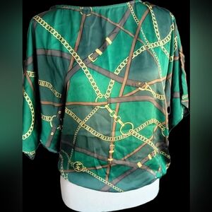 Michael Kors Baroque Chain Scarf Print Green Blouse XS Kimono Sleeve Tie Waist